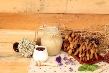 Galingale su ve bal ile taze galingale.