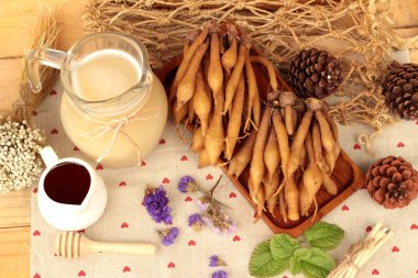 Galingale su ve bal ile taze galingale.