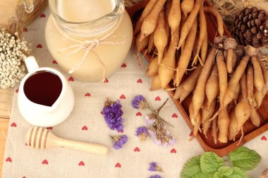 Galingale su ve bal ile taze galingale.