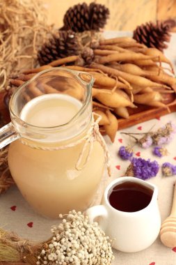 Galingale su ve bal ile taze galingale.