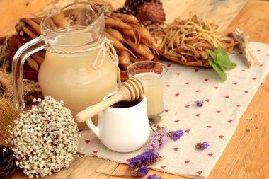 Galingale su ve bal ile taze galingale.