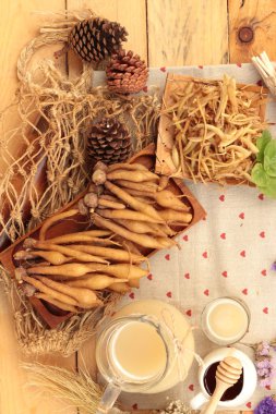 Galingale su ve bal ile taze galingale.