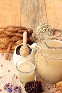 Galingale su ve bal ile taze galingale.