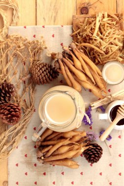 Galingale su ve bal ile taze galingale.