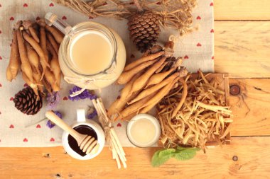 Galingale su ve bal ile taze galingale.