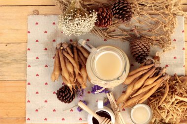 Galingale su ve bal ile taze galingale.