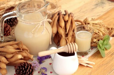 Galingale su ve bal ile taze galingale.