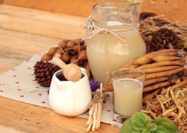 Galingale su ve bal ile taze galingale.