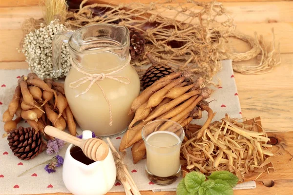 Galingale su ve bal ile taze galingale.