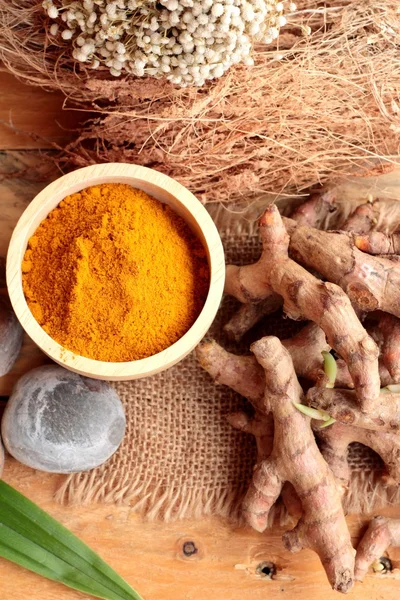 Phlai herb, Cassumunar ginger both fresh and as a powder for the — Stock Photo, Image
