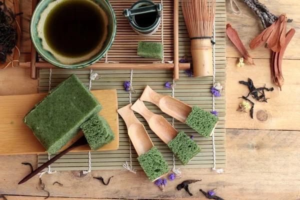 Green tea cake japanese dessert and green tea — Stock Photo, Image