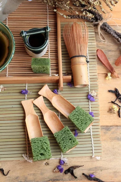 Green tea cake japanese dessert and green tea — Stock Photo, Image