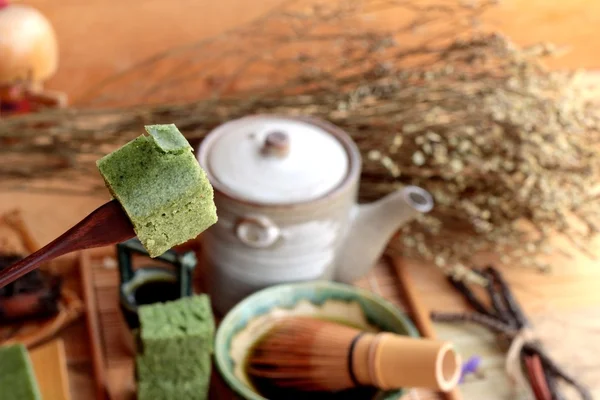 Green tea cake japanese dessert and green tea — Stock Photo, Image