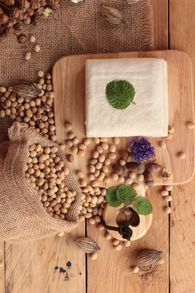 Tofu para cozinhar e sementes de soja . — Fotografia de Stock