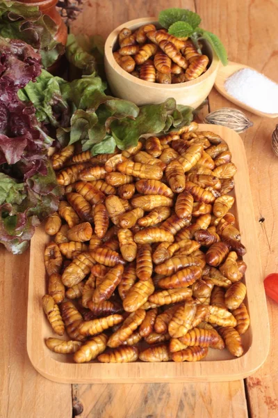 Gusano de seda pupa sobre fondo de madera — Foto de Stock