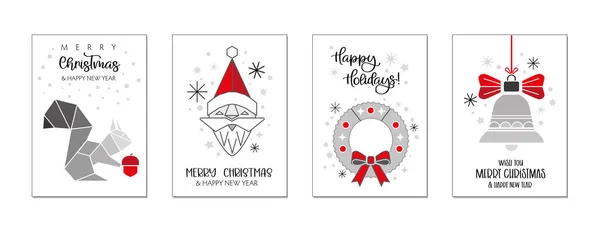 Conjunto Natal Feliz Ano Novo Cartões Saudação Quatro Vector Natal —  Vetores de Stock