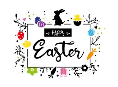 Paskalya tebrik kartı ve afiş şablonu Paskalya tavşanı, Paskalya yumurtası ve çiçekleriyle