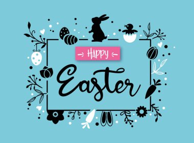 Paskalya tebrik kartı ve afiş şablonu, Paskalya tavşanı, Paskalya yumurtası ve açık mavi arka planda çiçekler. Paskalya Günü için selamlar ve hediyeler