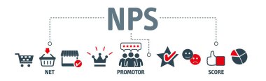 NPS - NET promosyon skor konsepti. Anahtar sözcükler ve simgelerle pankart