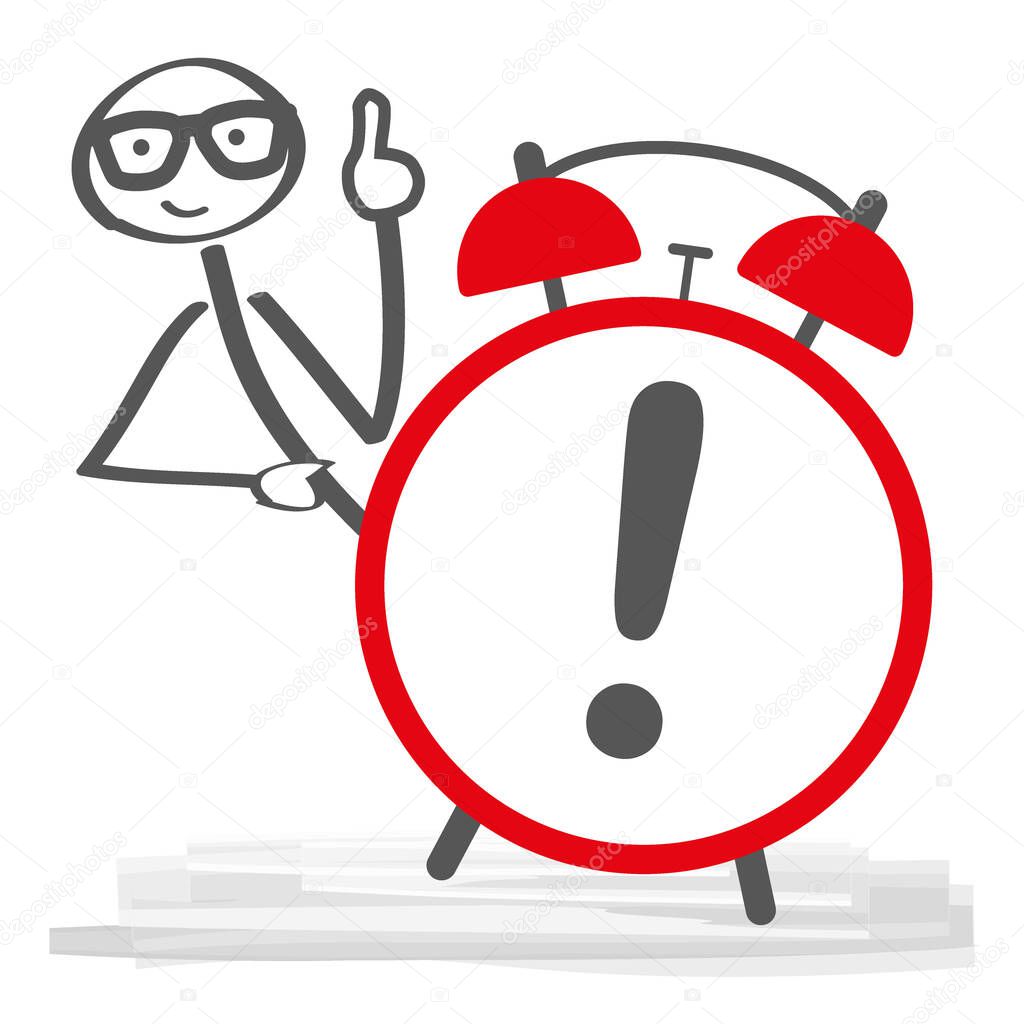 Attention - alarm clock with exclamation point. Vector illustration concept on white backgraund