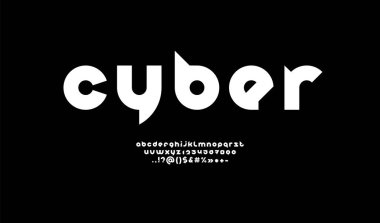 Teknik beyaz yazı tipi, yuvarlak modern alfabe, A 'dan Z' ye moda harfler ve 0 'dan 9' a rakamlar, vektör illüstrasyonu 10EPS