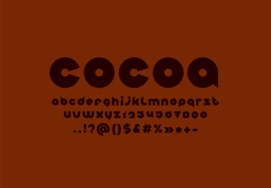 Yuvarlak yazı tipi, çizgi film tarzında kahverengi alfabe, harfler ve sayılar