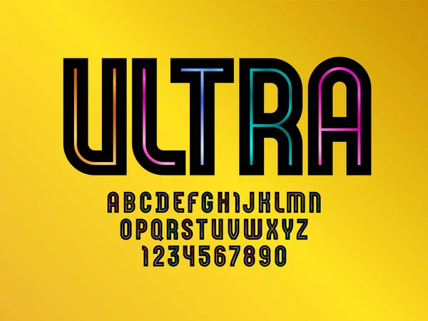 Trendige schwarze Ultra-Schrift, modern gestreiftes Alphabet, Buchstaben und Zahlen, Vektorillustration 10eps — Stockvektor
