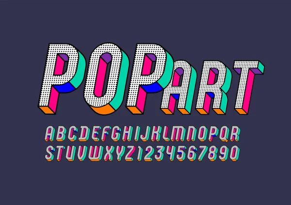 Caratteri pop art, alfabeto grafico alla moda sans serif, lettere moderne in corsivo 3d e numeri con punto nero, illustrazione vettoriale 10EPS — Vettoriale Stock