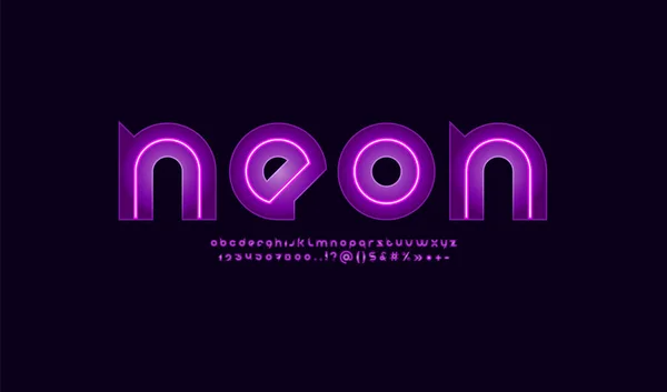 Fonte néon, alphabet moderne lignes de couleur violette, lettres et chiffres avec effet de lumière — Image vectorielle