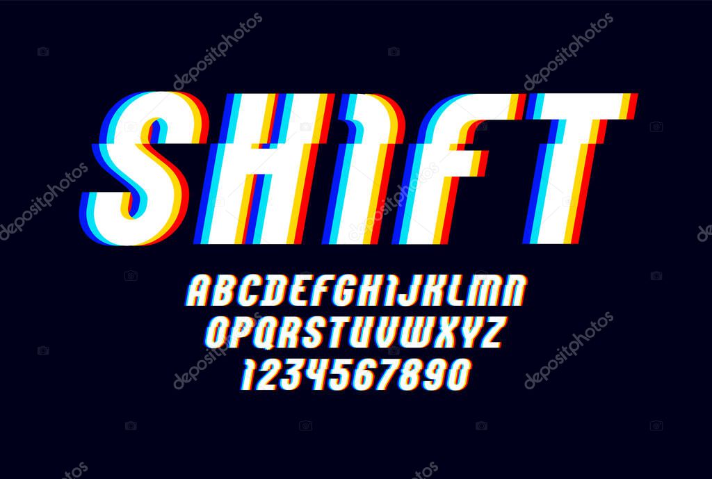 Alphabet of distorted glitch effect. Shifted modern white font, italic latin letters from A to Z and numbers from 0 to 9 with effect sliced.