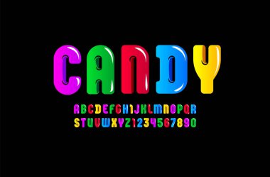 Glossy font, trendy alphabet in the cartoon style, bright rounded letters from A to Z and numbers from 0 to 9 for you designs, vector illustration 10EPS