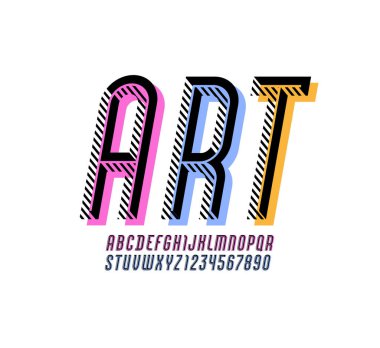 Art high font, striped alphabet sans serif, letters with colored shadow from A to Z and numbers from 0 to 9 for you designs, vector illustration