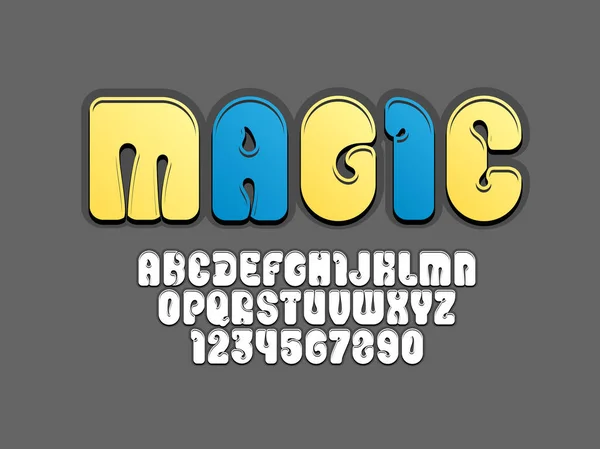 Magic Font Bold Alphabet Cartoon Style Bright Rounded Letters Numbers — Vector de stock