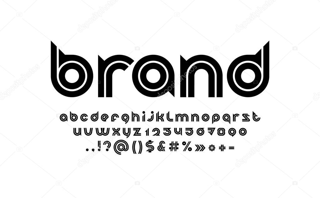 Digital black font, rounded modern alphabet, trendy letters from A to Z and numbers from 0 to 9, vector illustration 10EPS