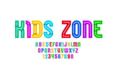 Çocuklar için parlak yazı tipi, çizgi film tarzında alfabe, sevimli çok renkli parlak harfler ve sayılar, vektör illüstrasyonu 10EPS