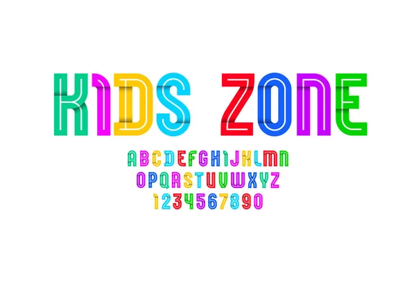 Childrens helder lettertype, alfabet in de cartoon stijl, schattig veelkleurige heldere letters en cijfers, vector illustratie 10EPS — Stockvector