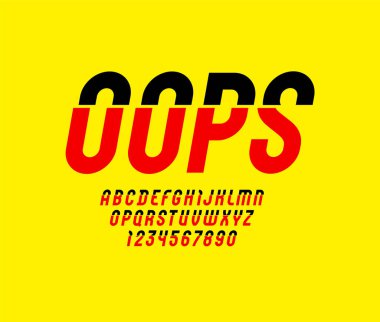 Hasarlı modern yazı tipi, bozuk alfabe, italik harfler ve sayılar, vektör illüstrasyonu