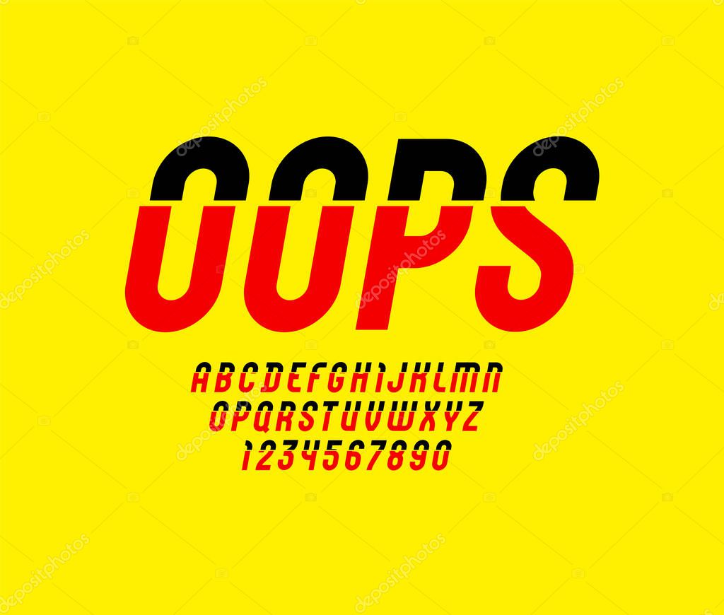 Damaged modern font, trendy distorted alphabet, italic letters and numbers, vector illustration