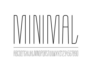 Yüksek siyah yazı tipi, yoğun uzun ve ince modern alfabe, A 'dan Z' ye Latince harfler ve 0 'dan 9' a kadar Arap rakamları. Tasarımlar, vektör illüstrasyonu 10EPS