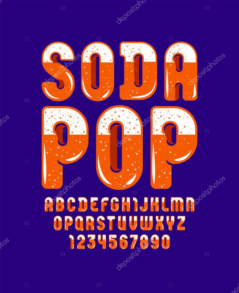 Trendy glossy font, orange alphabet in the cartoon style, bright rounded letters from A to Z and numbers from 0 to 9, vector illustration 10EPS