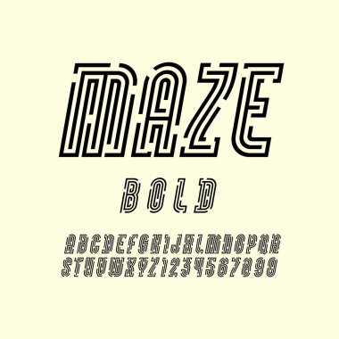 Kalın satır adı Maze, modaya uygun siyah alfabe serif, modern italik harfler ve sayılar, vektör illüstratörü 10 eps