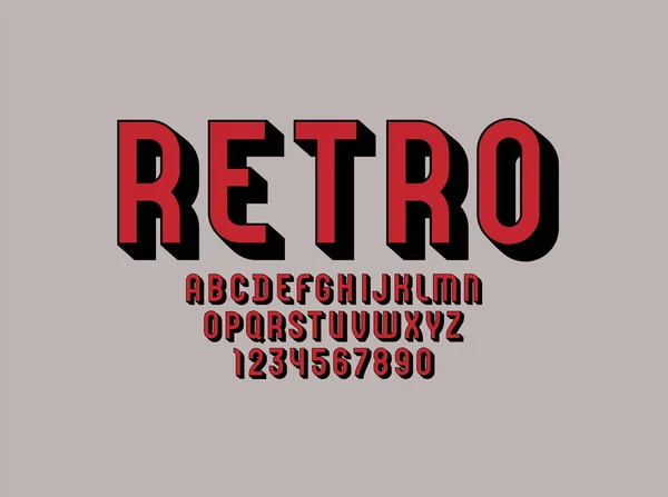 3Dレトロフォント 影と流行のアルファベット 赤い文字と数字 ベクトル図10Eps — ストックベクタ