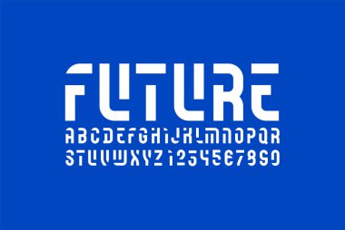 Kesilmiş yazı tipi, yoğunlaştırılmış kentsel şablon alfabesi, modern geometrik modüler büyük harf ve sayılar, vektör illüstrasyon 10EPS