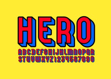 Çizgi roman tarzında 3B Yazı Tipi, modaya uygun kırmızı alfabe, yoğunlaştırılmış harf ve sayılar, vektör illüstrasyonu 10eps