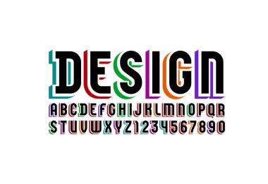 3D siyah yazı tipi, son moda parlak alfabe, yoğunlaştırılmış harfler ve renkli gölgeli sayılar, vektör illüstrasyonu 10EPS