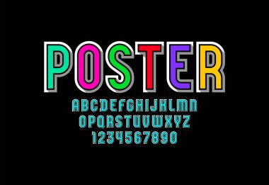 Modern Yazı Tipi, trend parlak alfabe, A 'dan Z' ye çok renkli Latince harfler ve 0 'dan 9' a Arap rakamları, 10EPS vektör illüstrasyonu