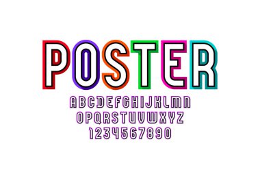 Çok renkli yazı tipi, son moda parlak alfabe, A 'dan Z' ye yoğun büyük harfler ve 0 'dan 9' a Arap rakamları, 10EPS vektör illüstrasyonu