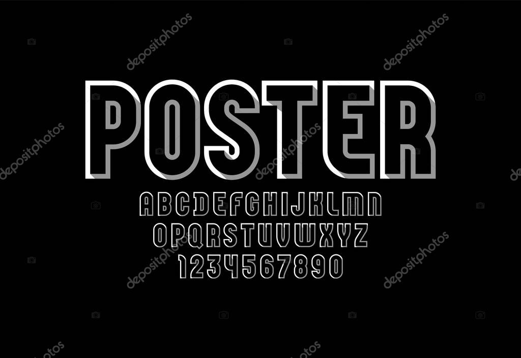Black condensed font, trendy modern alphabet, capital modern Latin letters from A to Z and Arab numbers from 0 to 9, vector illustration 10EPS