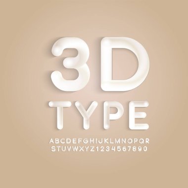 3D yuvarlak yazı tipi, beyaz moda alfabesi, A 'dan Z' ye modern harfler ve 0 'dan 9' a rakamlar, vektör illüstrasyonu 10EPS