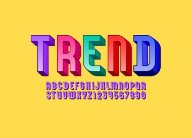 3 Boyutlu Moda Yazı Tipi, Çok Renkli Parlak Alfabe, A 'dan Z' ye yoğunlaştırılmış Latince harfler ve 0 'dan 9' a Arap rakamları, 10EPS vektör çizimi
